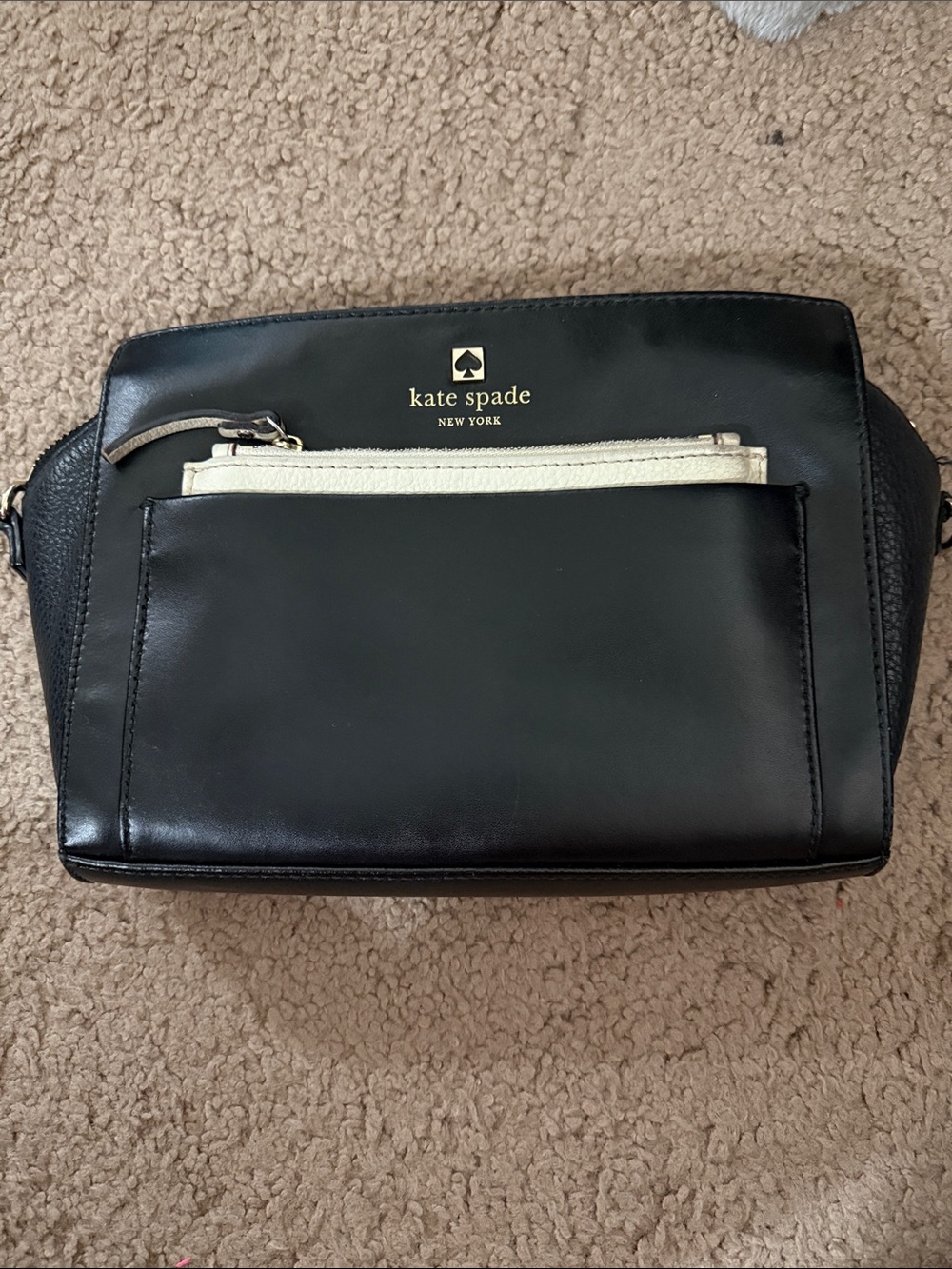 kate spade Black Leather Messenger Bag with Cream Zip Pocket